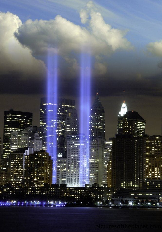 Two beams of light marking the former location of the two World Trade Center towers, New York City