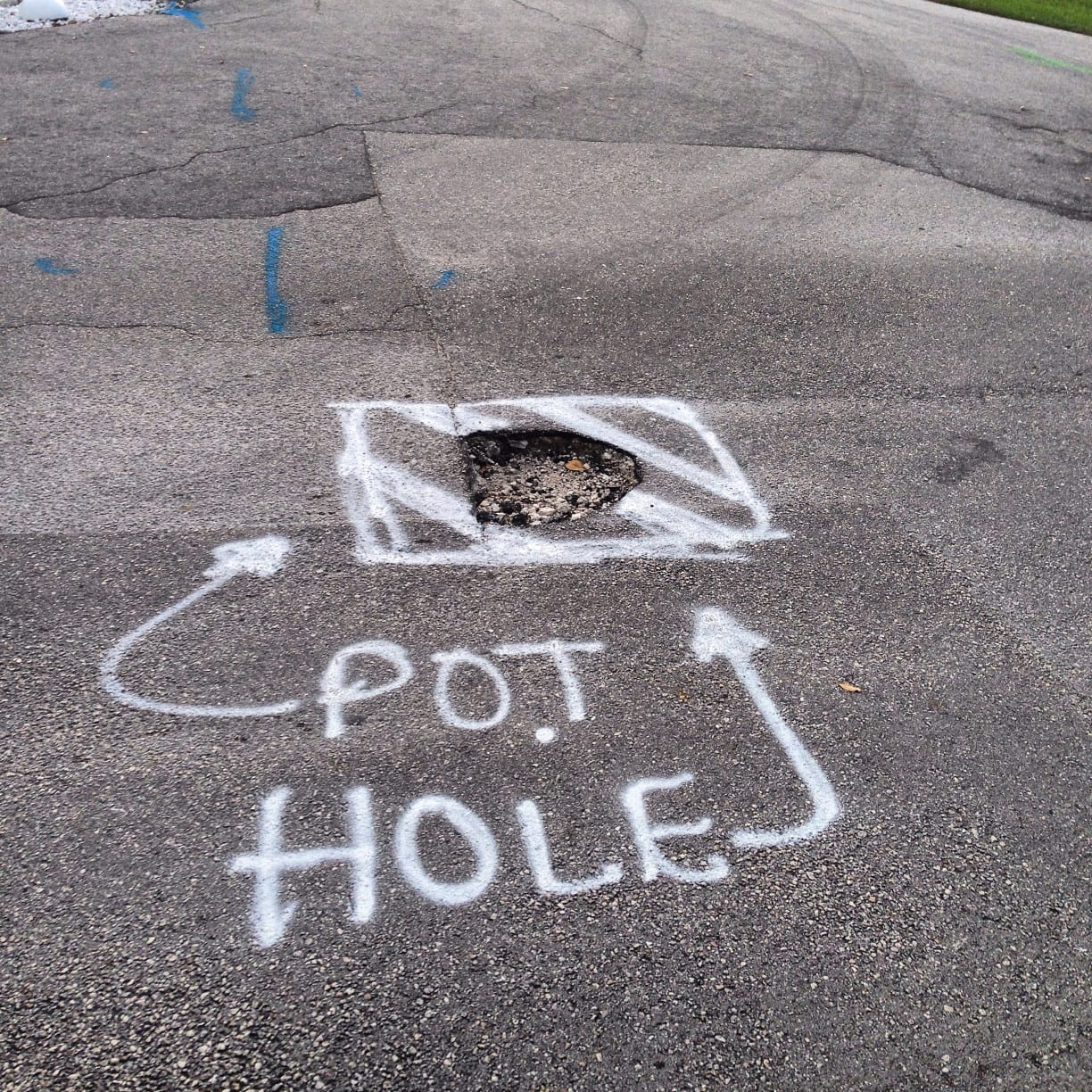 pothole in pavement marked with spray paint
