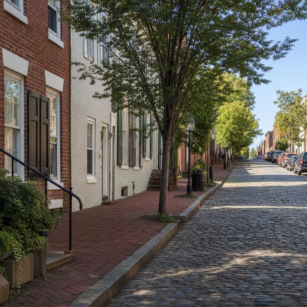 Alexandria, Virginia streetscape with brick sidewalks, historic row buildings, and a gridded urban block.