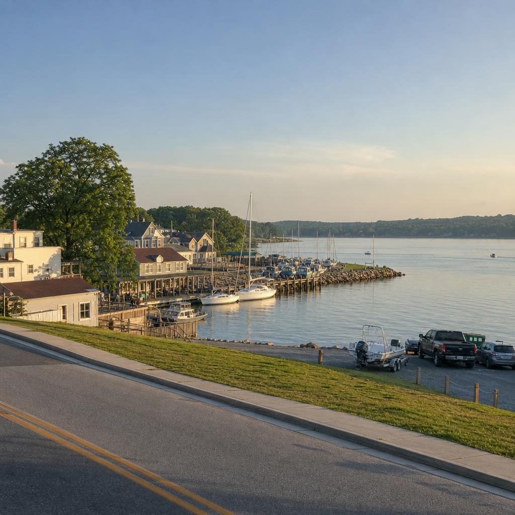 Ordinary Anne Arundel waterfront edge with Chesapeake water and small recreational boats.