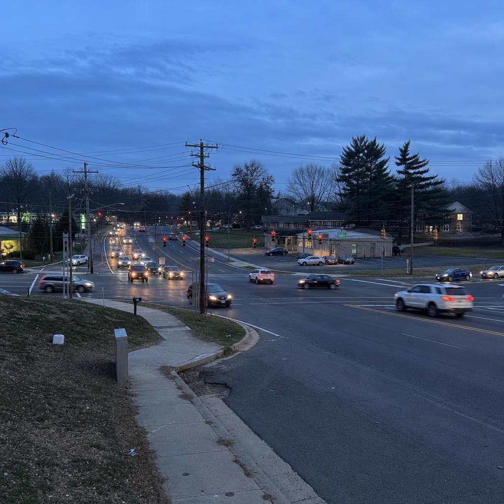Rolling suburban Annandale roadway with low-rise buildings, mature trees, and nearby residential streets.