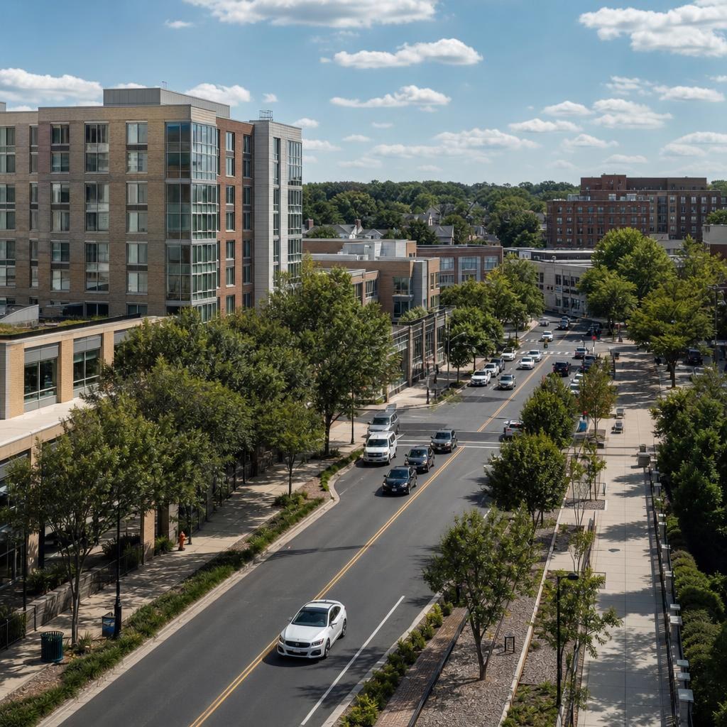 Mixed-use Arlington street with mid-rise buildings, sidewalks, street trees, and lower-rise homes beyond.