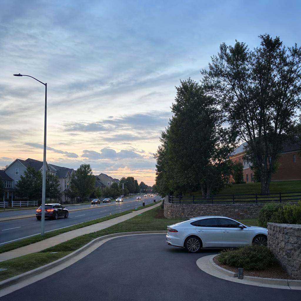 Photorealistic Ashburn suburban road with wooded edges, sidewalks, and an unmarked street-sweeping vehicle.