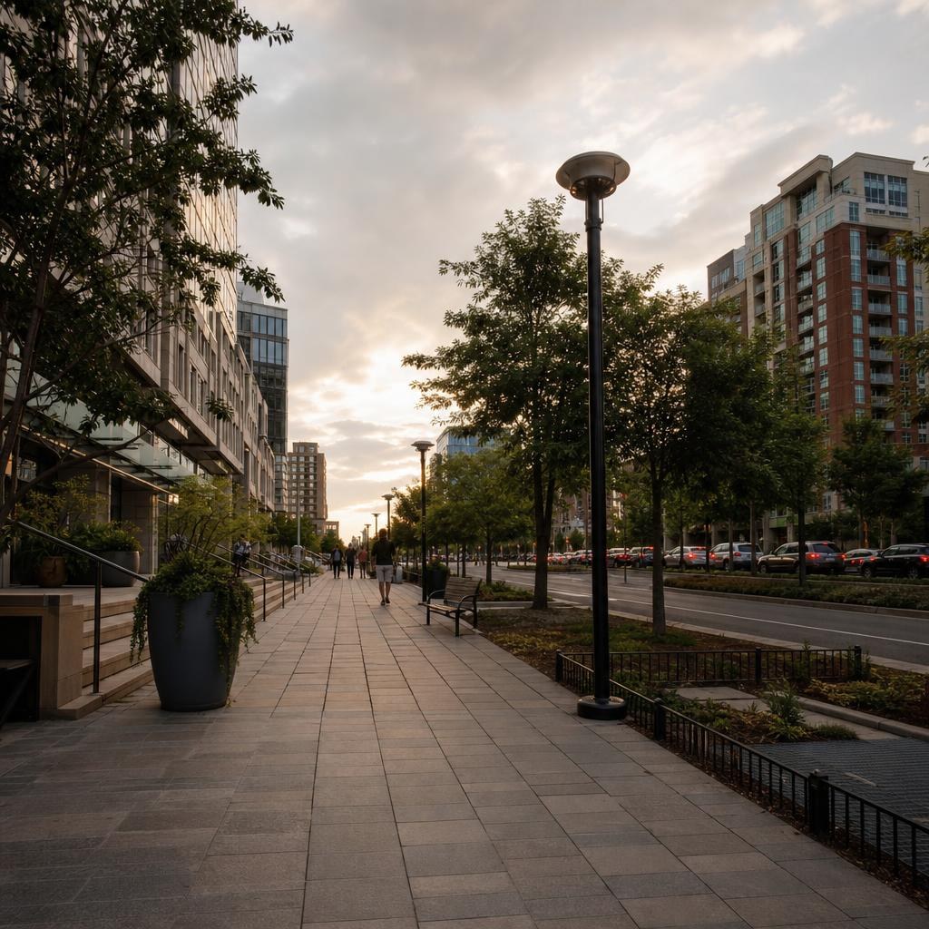 Ballston streetscape with mixed-use buildings, tree-lined walkway, and landscaped boulevard.