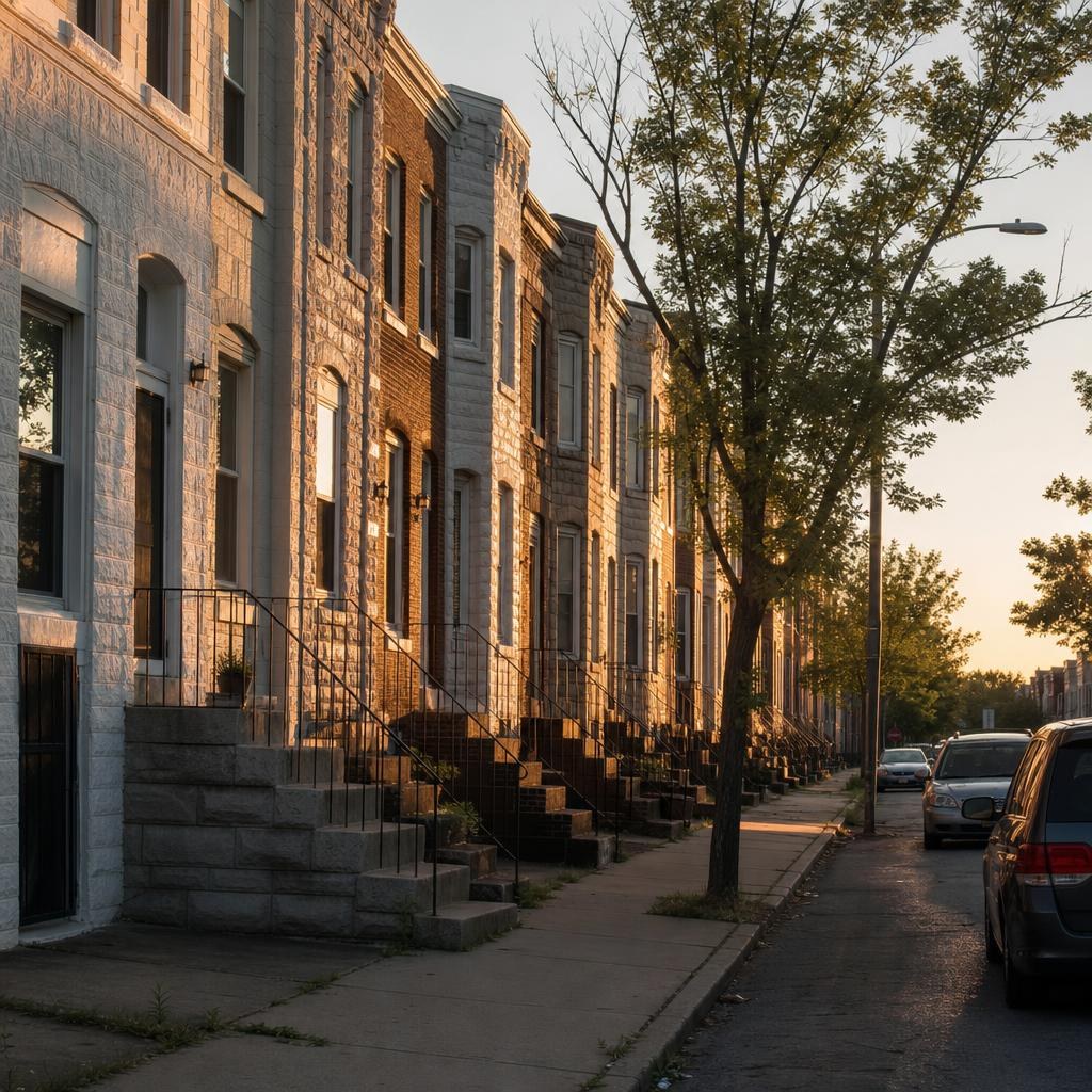 Baltimore residential street with attached rowhouses, stoops, sidewalks, and parked cars.