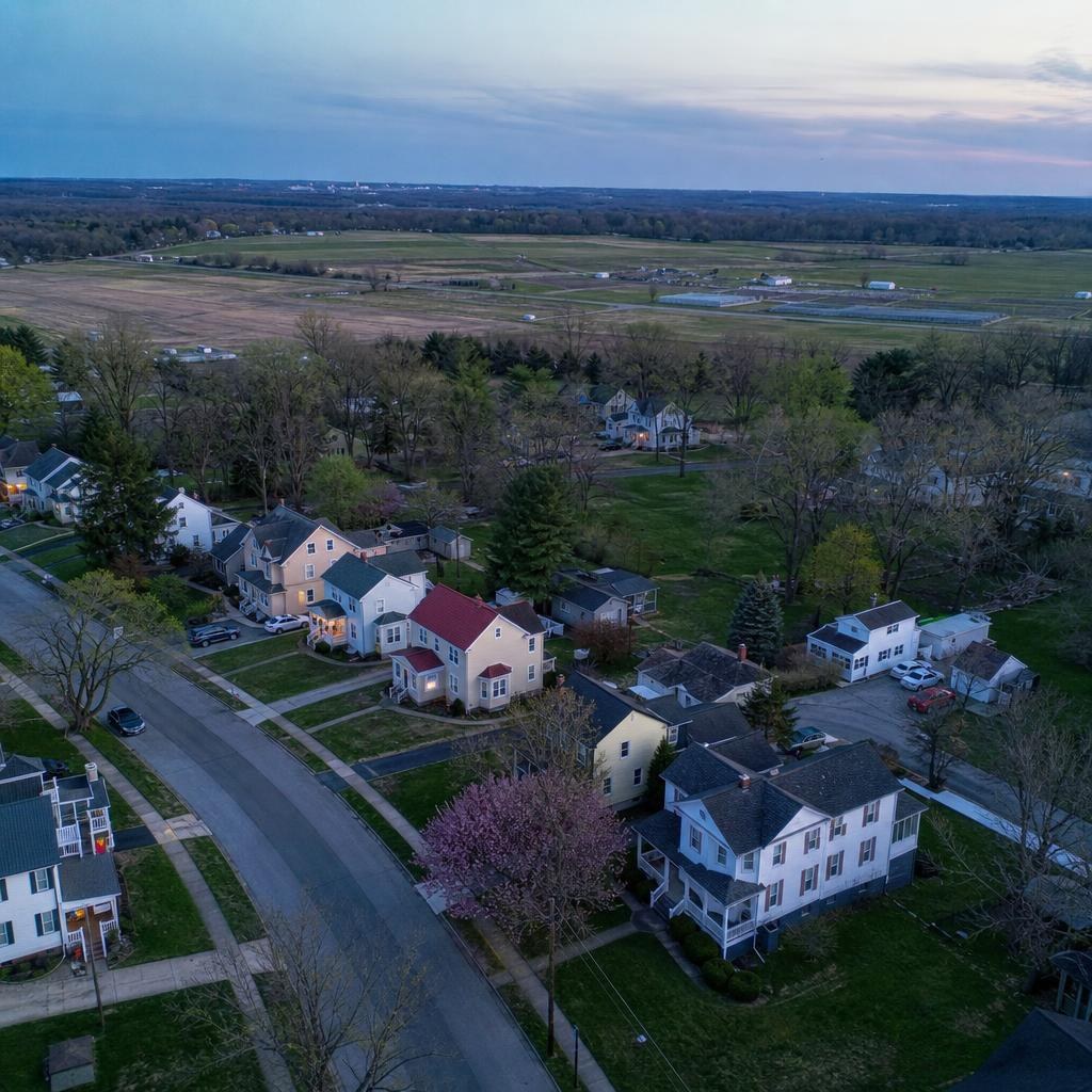 Ordinary Beltsville residential street with older detached homes and wooded agricultural-research land nearby.