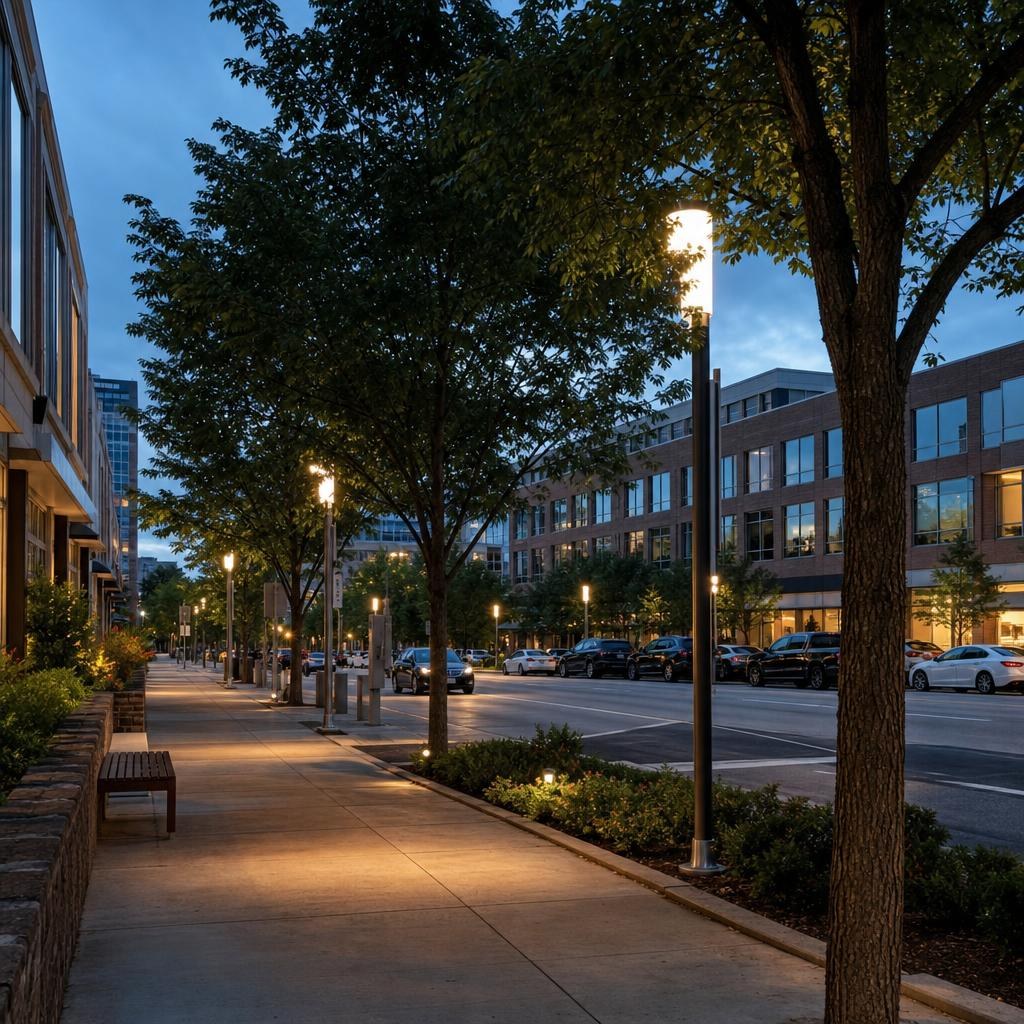 Tree-lined Bethesda sidewalk beside mid-rise commercial buildings and a clean, pedestrian-oriented street.