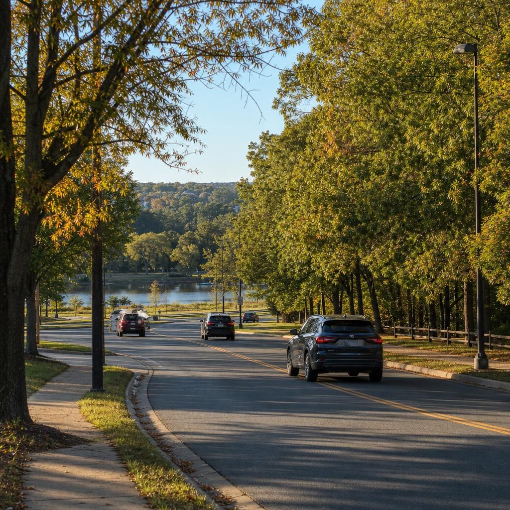 Dense Burke suburb with residential streets, mature woodland, and a small pond.