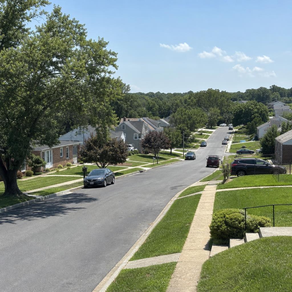 Ordinary Capitol Heights streetscape with maintained lawns, sidewalks, homes, and green open space.