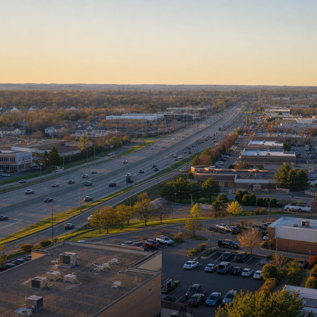 Ordinary low-rise commercial streetscape in suburban Centreville, Virginia, beside broad arterial roads.