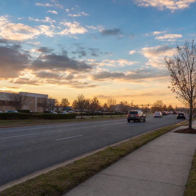 Ordinary suburban roadside in Chantilly, Virginia, near commercial buildings and a major arterial.