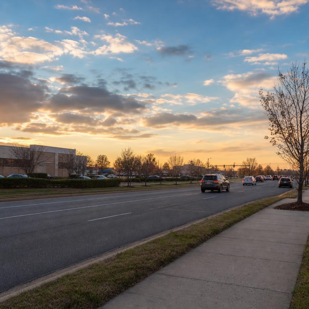 Ordinary suburban roadside in Chantilly, Virginia, near commercial buildings and a major arterial.