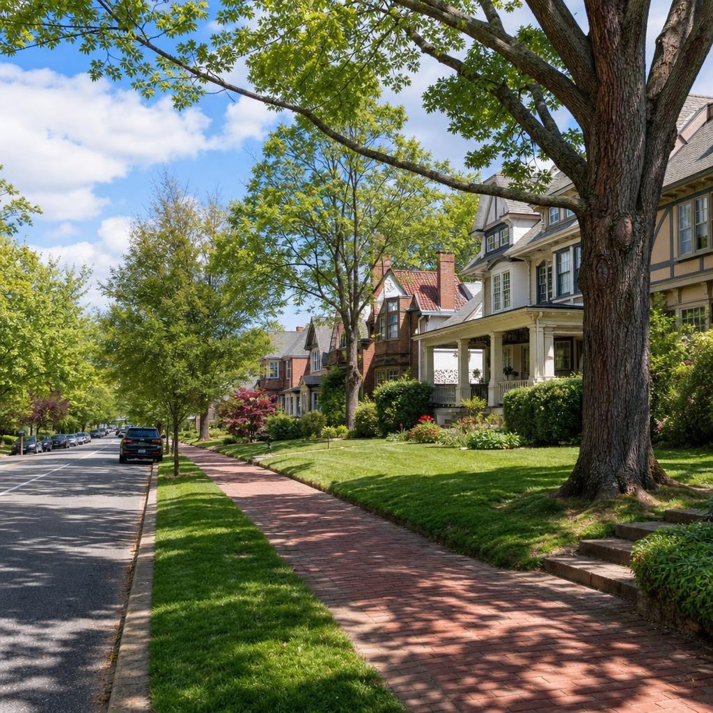 Tree-lined Chevy Chase residential street with brick sidewalks, lawns, and varied early-20th-century homes.
