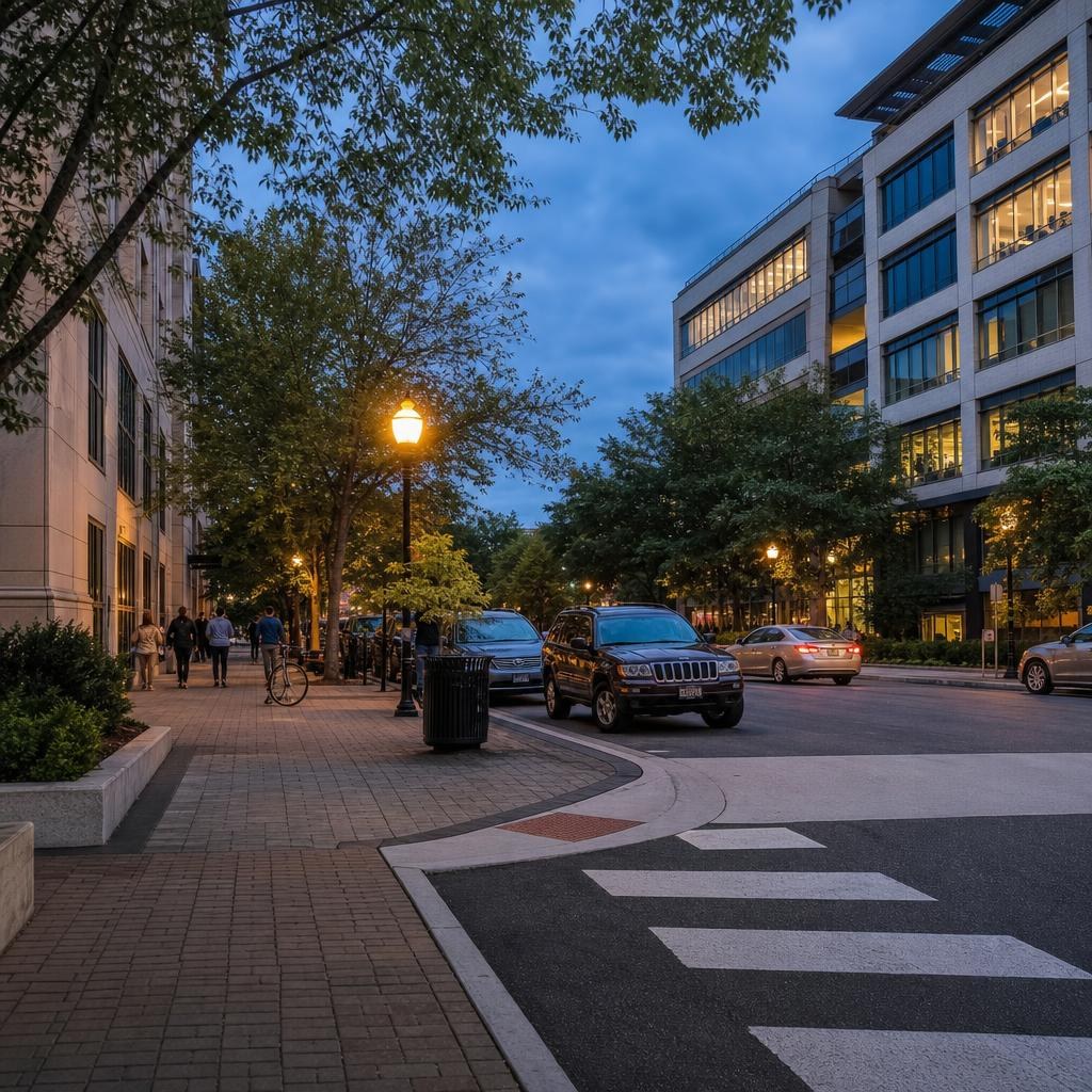 Walkable Clarendon street with tree-lined sidewalks, mixed shops and offices, and a small open public space.
