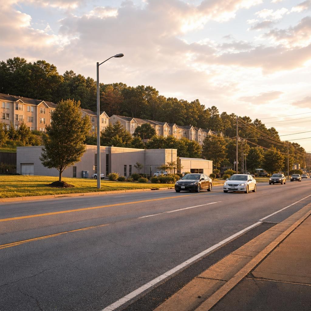 Ordinary Clinton, Maryland suburban corridor with mixed development and wooded edges beside a low-rise service property.