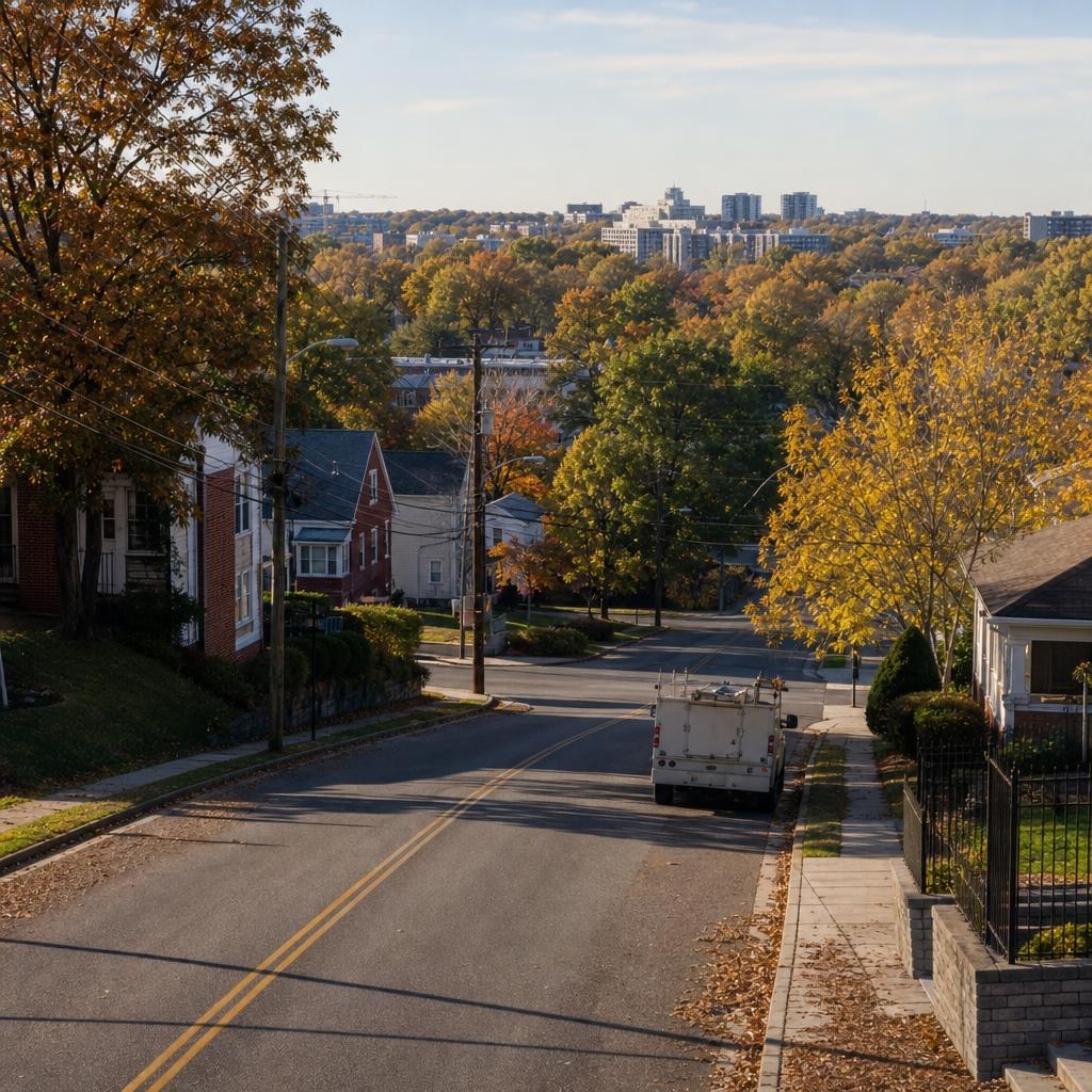 Ordinary College Park neighborhood street near the University of Maryland, with no visible text or business branding.