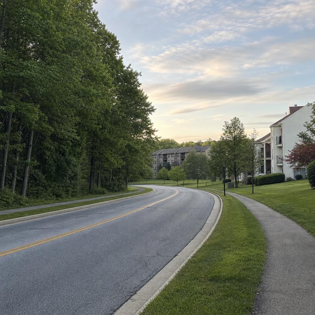 Curving Columbia road beside mature woods, open grass, and a separated paved walking path.