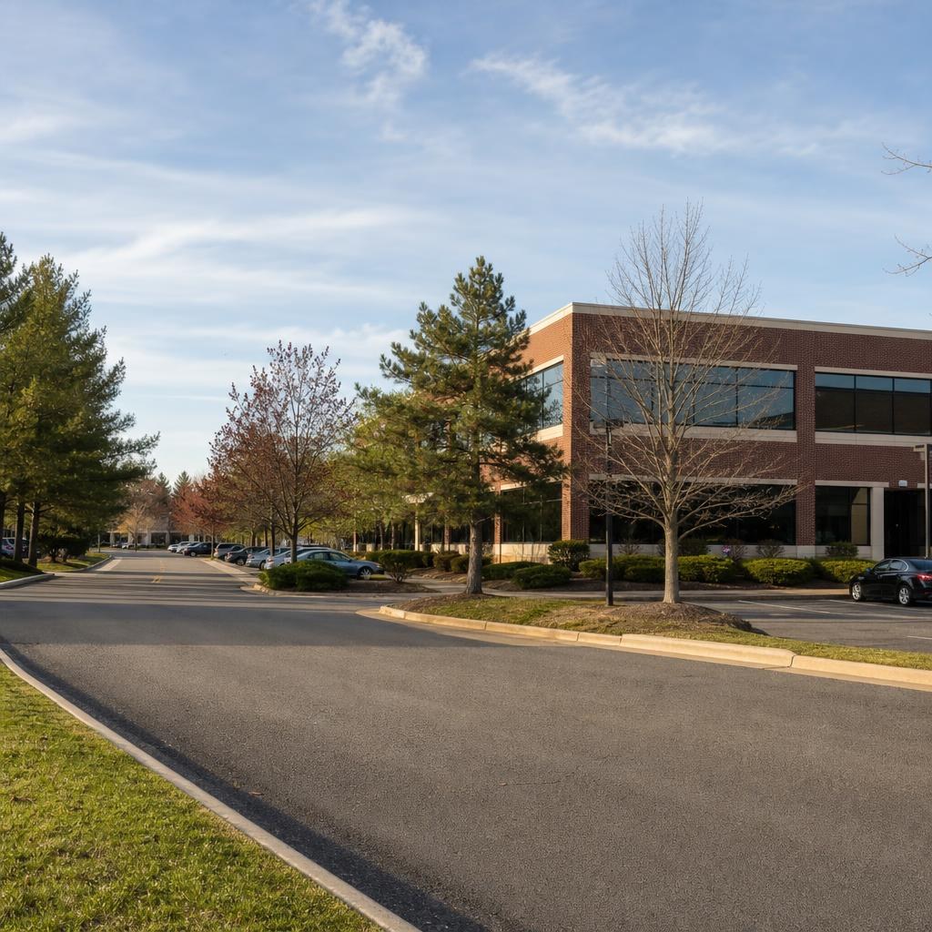 Low-rise suburban office-park street in Fair Oaks, Fairfax County, Virginia.