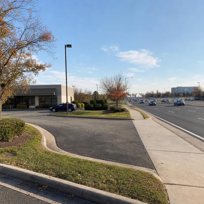 Ordinary low-rise commercial streetscape beside a broad suburban roadway in Fair Oaks, Virginia.