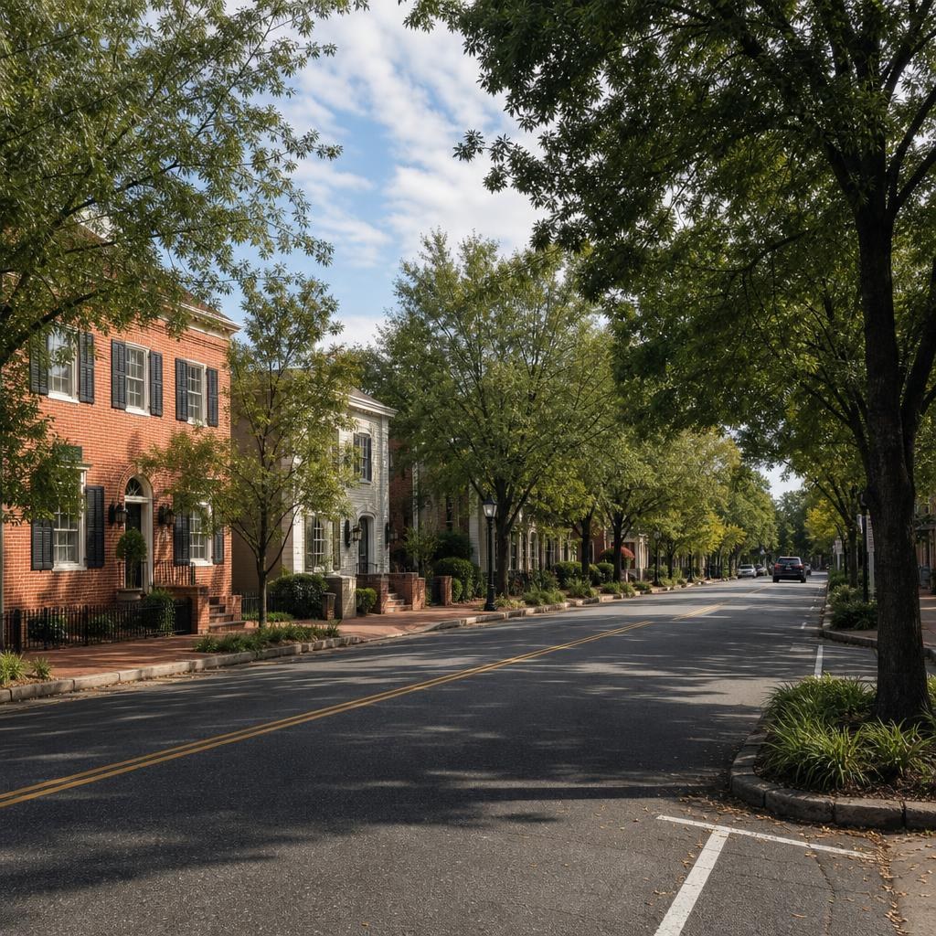 Low-rise Fairfax streetscape with narrow sidewalks, tree-lined landscaping, and village-scale buildings.