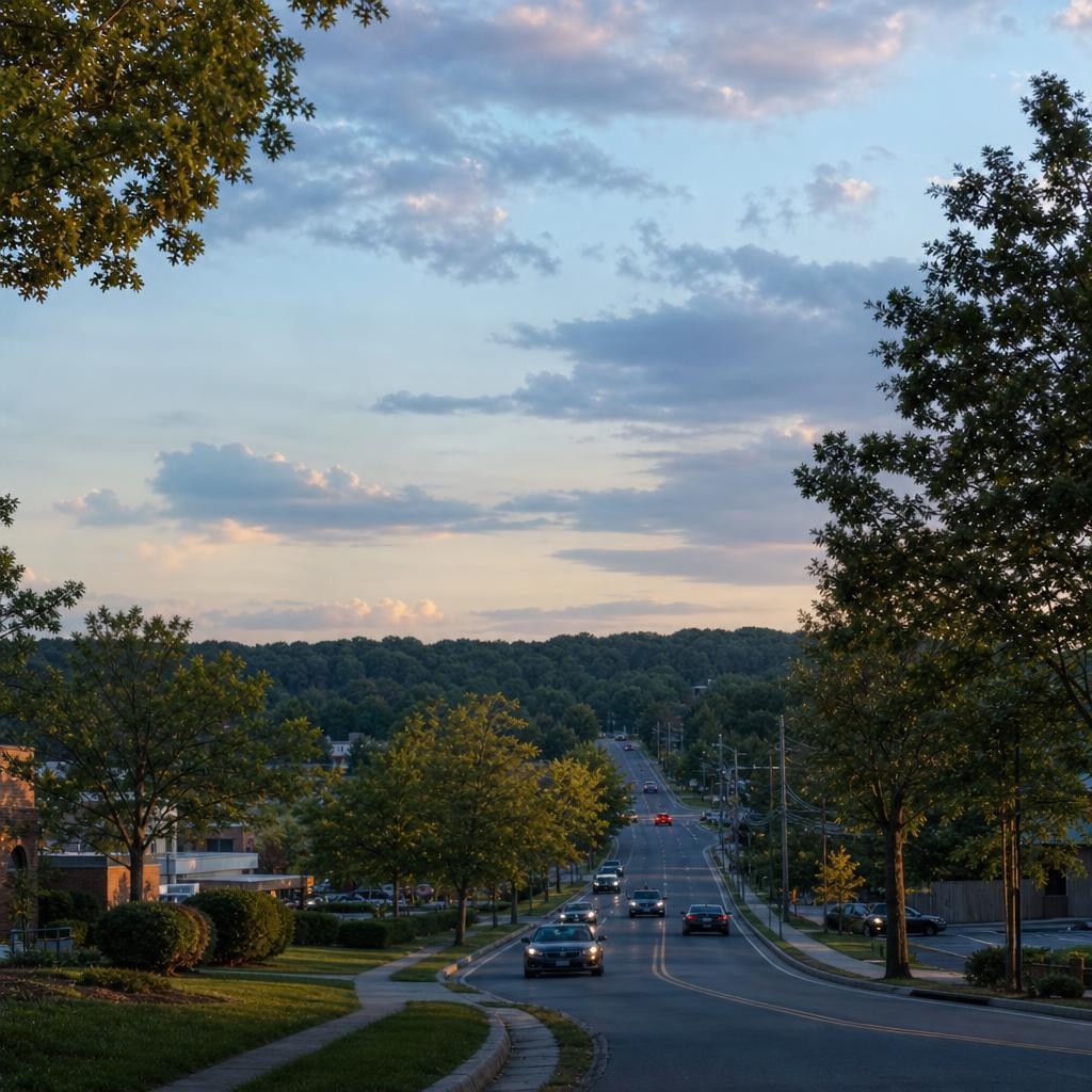 Gently rolling, tree-lined suburban-commercial street in Falls Church, Virginia.