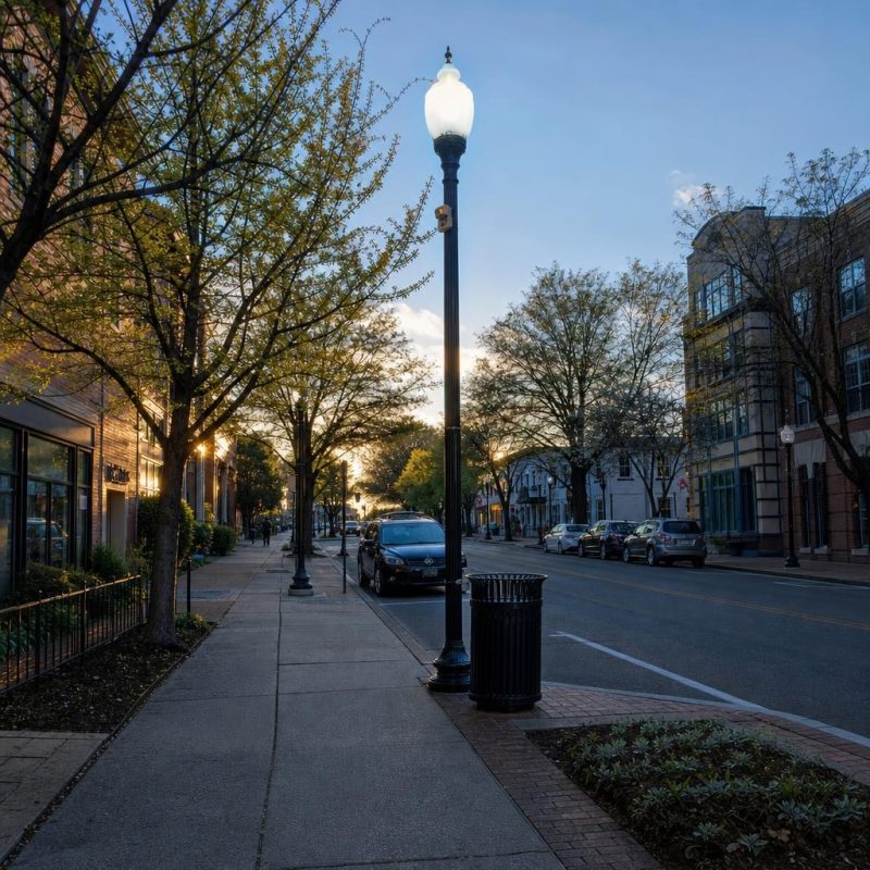 Tree-lined, walkable small-city street with modest mixed-use buildings in Falls Church, Virginia.