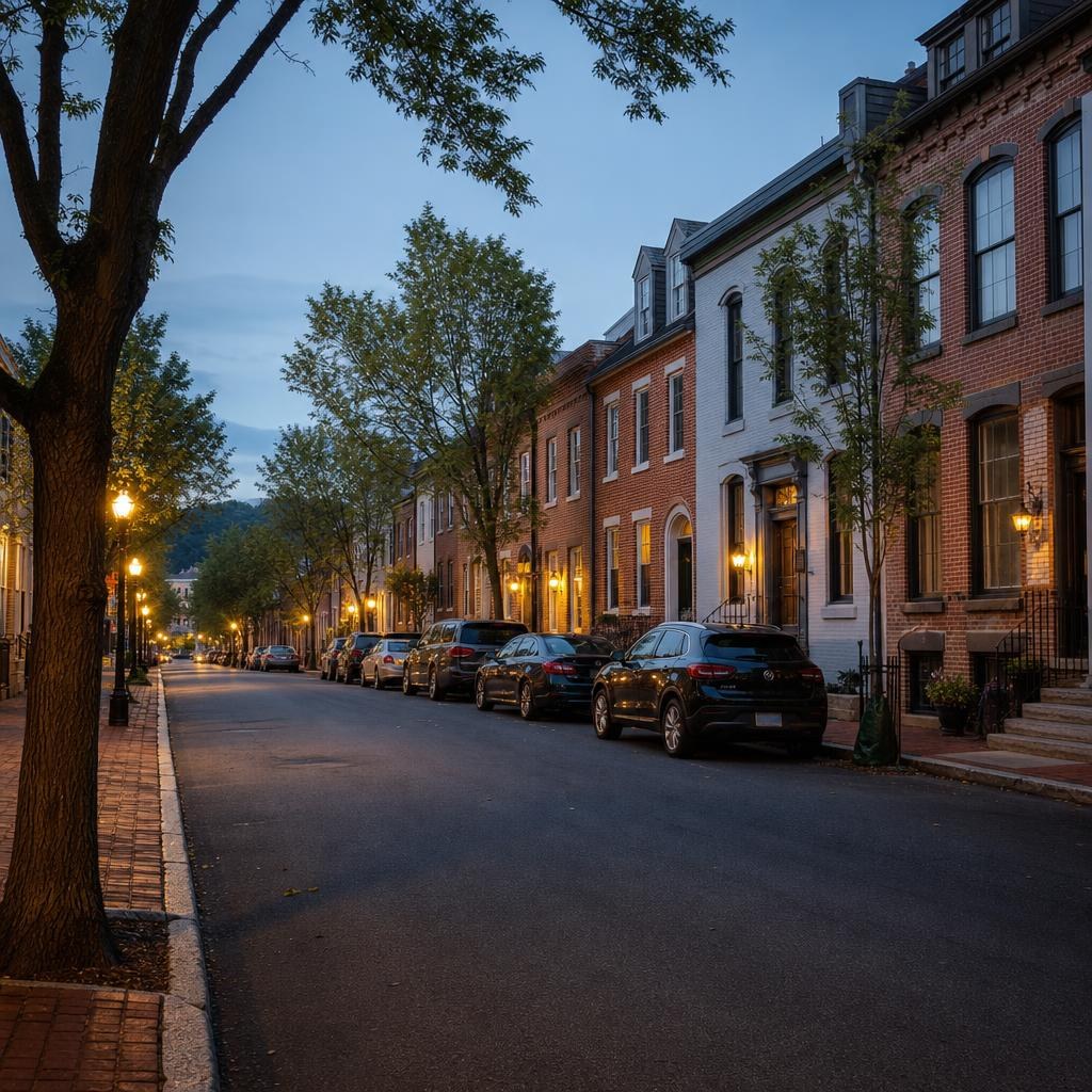 Historic Frederick street with closely spaced buildings, sidewalks, asphalt roadway, and mature street trees.