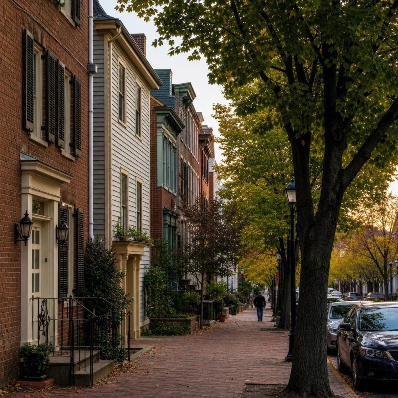 Low-rise historic Fredericksburg street with shaded sidewalks and mixed residential-commercial façades.
