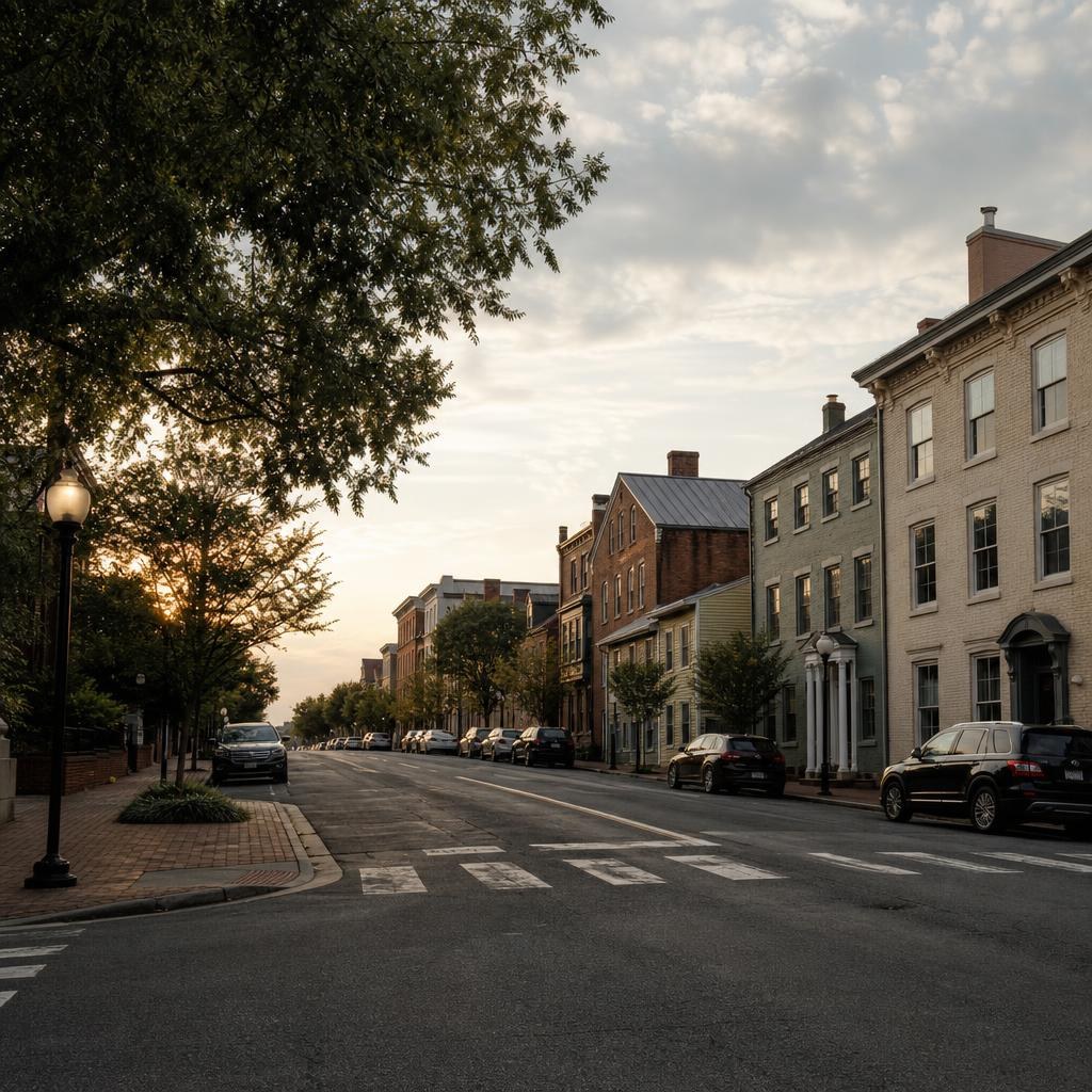 Historic Fredericksburg street with shaded sidewalks, older buildings, and mixed residential-commercial character.