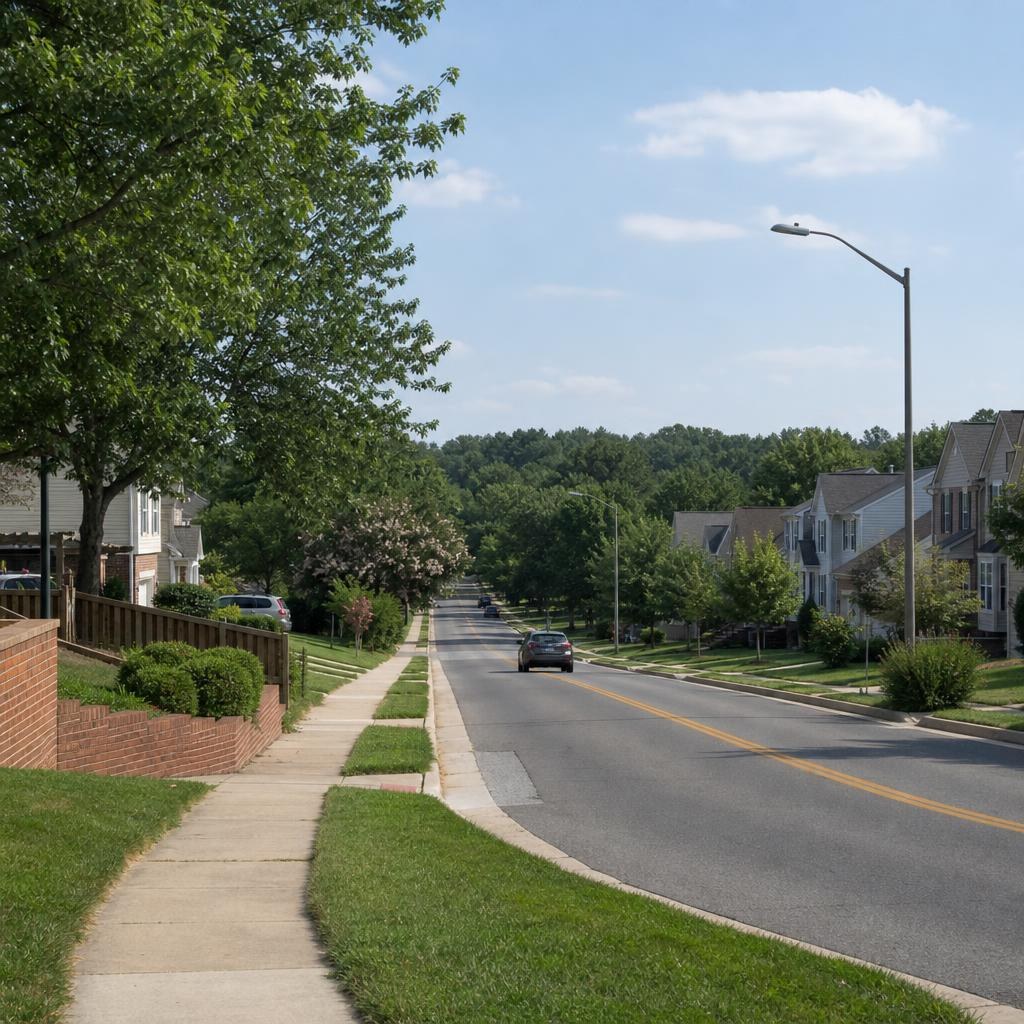 Ordinary Gaithersburg residential street with mixed housing, sidewalks, lawns, and neighborhood greenery.