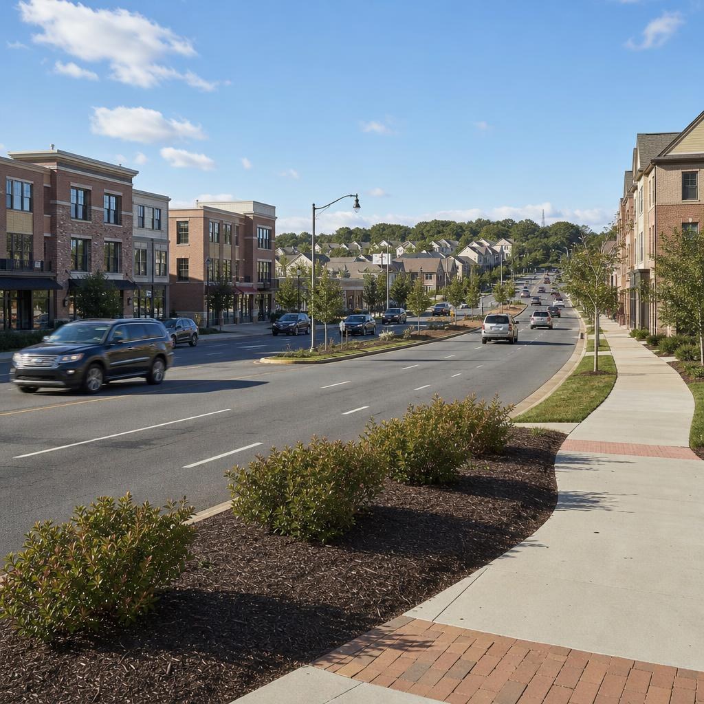 Divided suburban road beside low-rise shops, sidewalks, and townhouse neighborhoods in Germantown, Maryland.