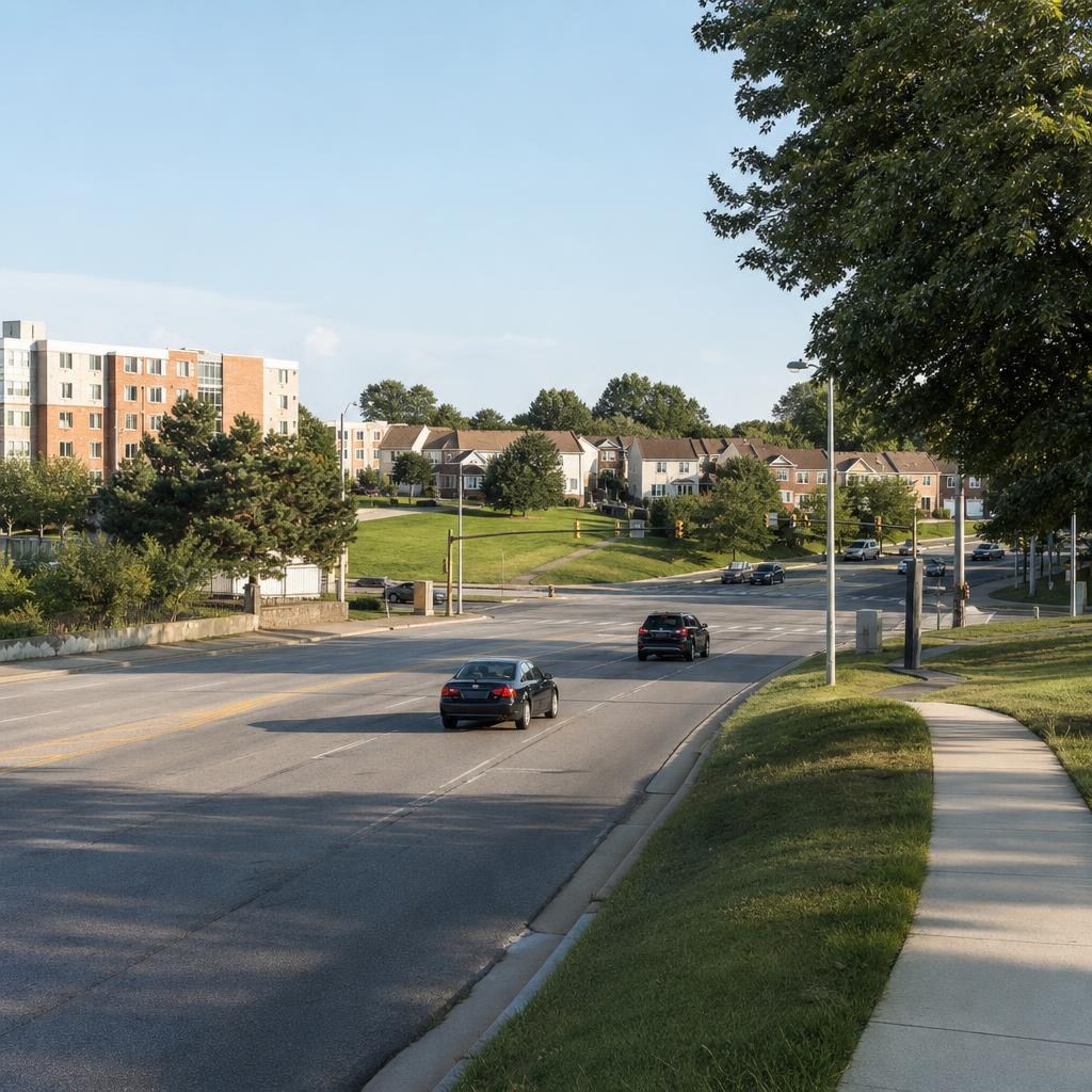 Ordinary suburban Glenmont streetscape with rolling terrain, mixed housing, and nearby park space.