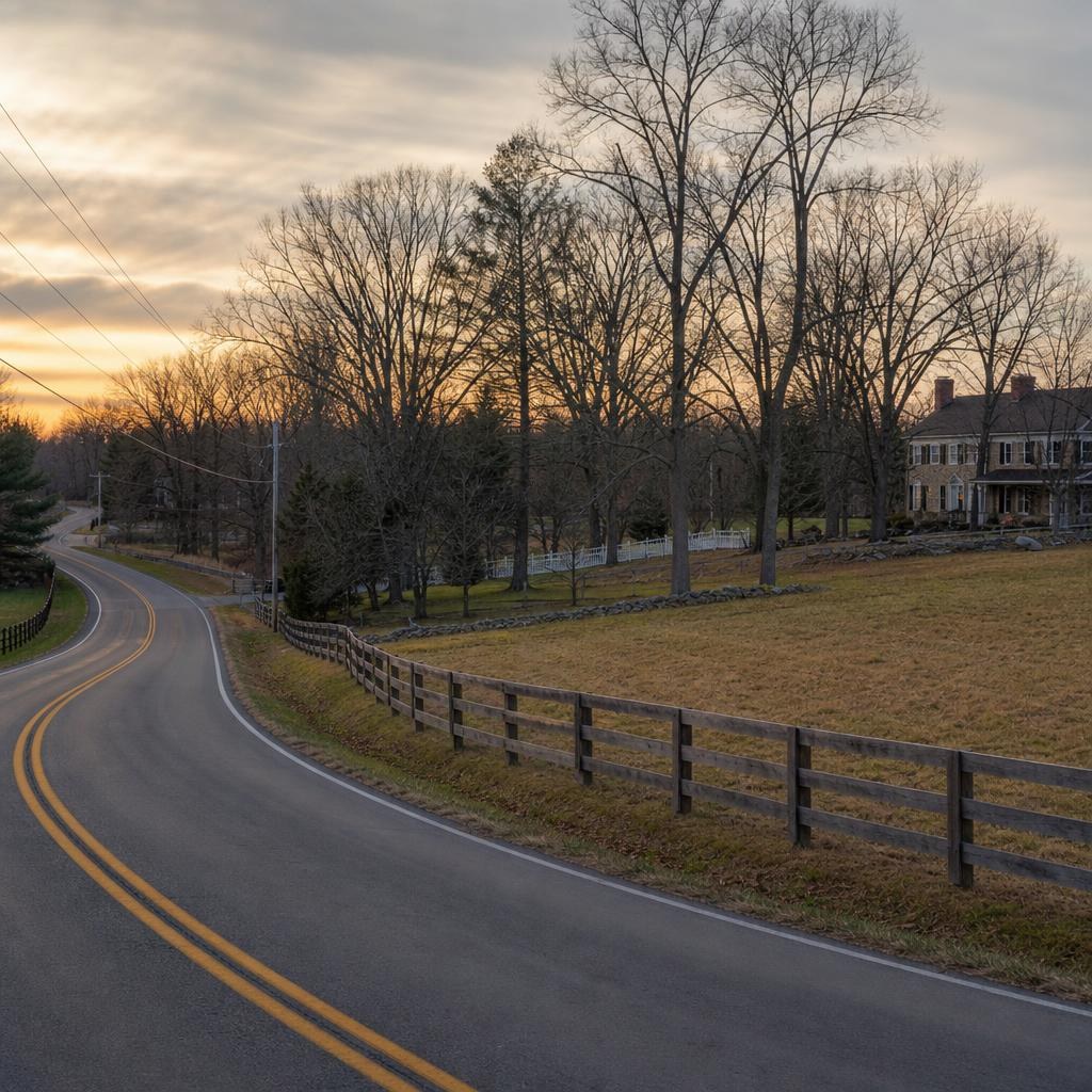 Rural-character Georgetown Pike area in Great Falls with open land and large-lot residential surroundings.