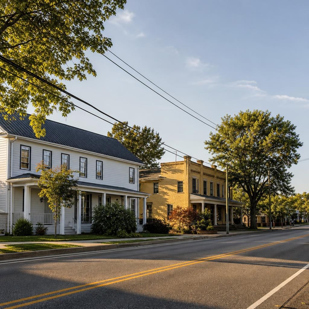 Historic low-rise streetscape in Haymarket, Virginia, with sidewalks and mature landscaping.
