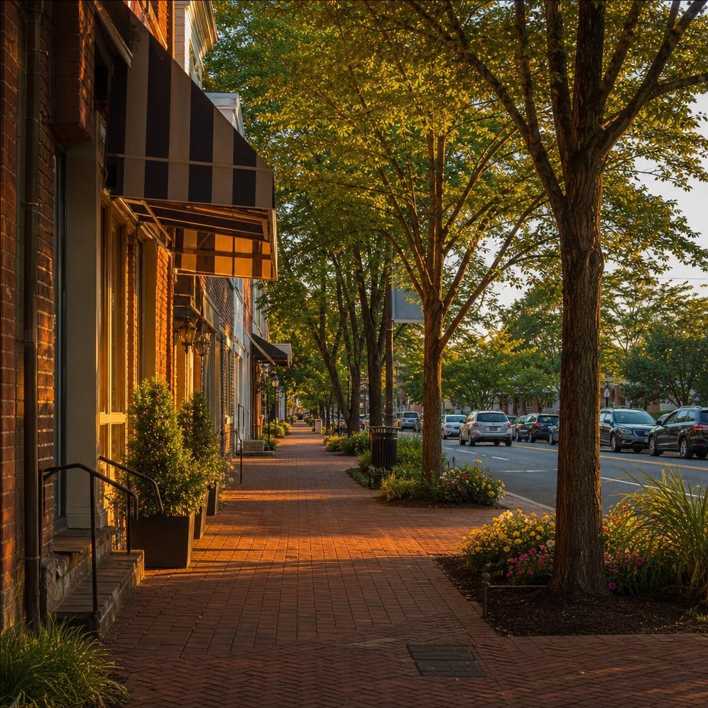 Walkable low-rise downtown street in Herndon with sidewalks, trees, planted areas, and traditional buildings.