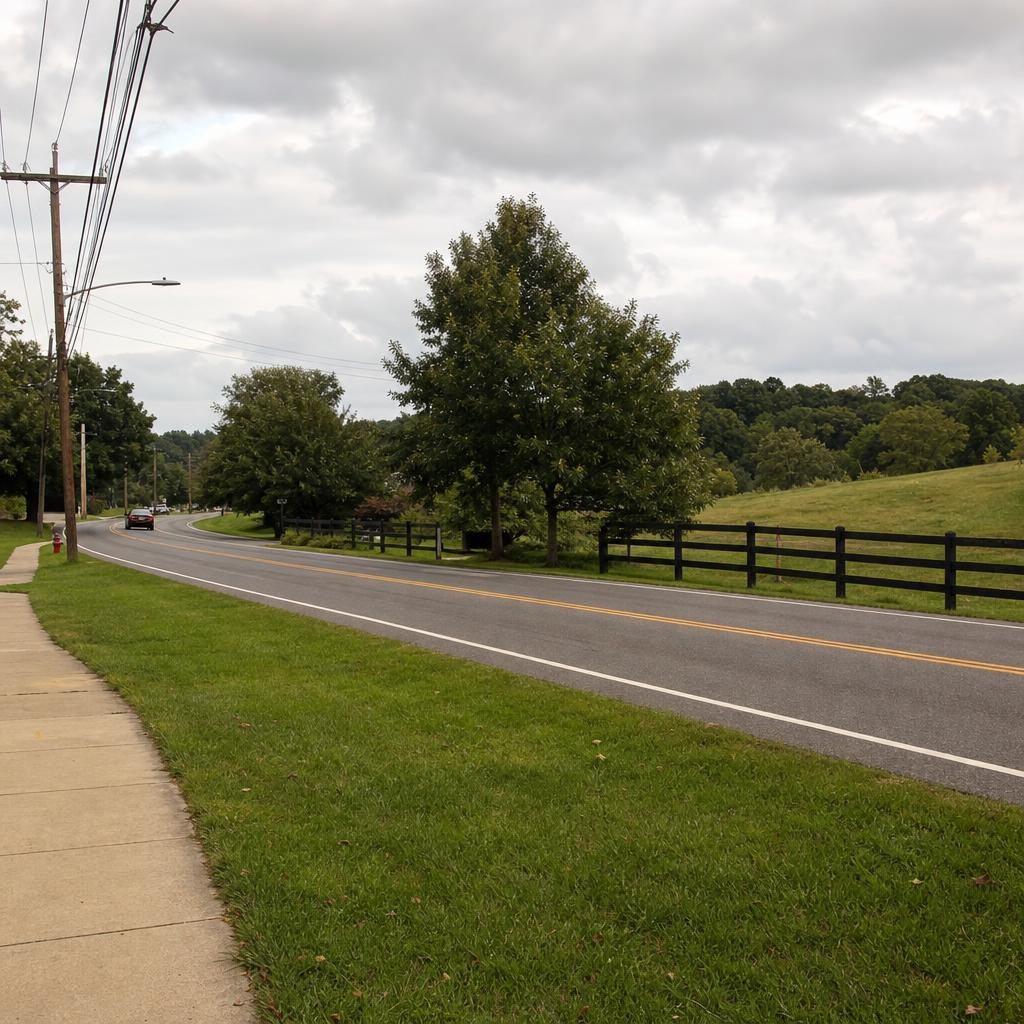 Unbranded Howard County roadside with gently rolling green Piedmont hills and open space.