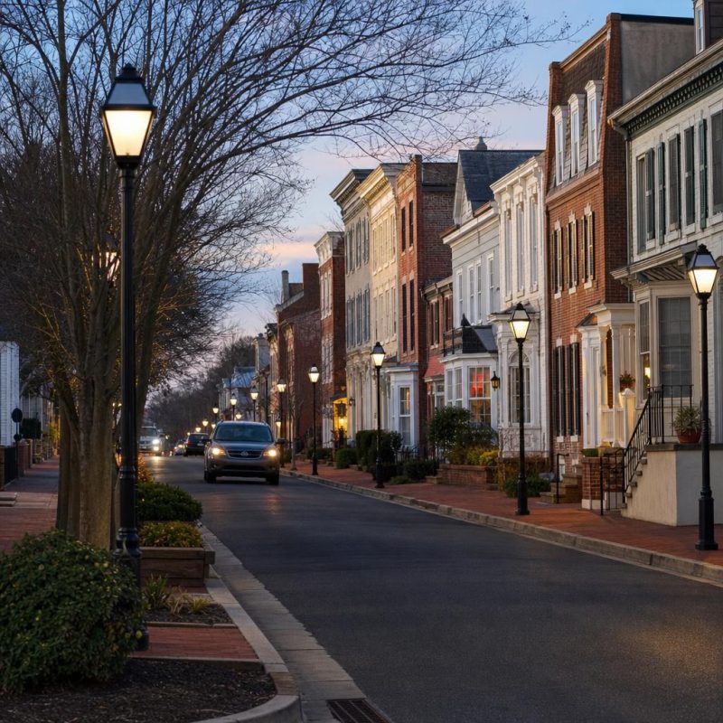 Historic Leesburg streetscape with low-rise buildings, brick sidewalks, landscaping, and decorative street lighting.
