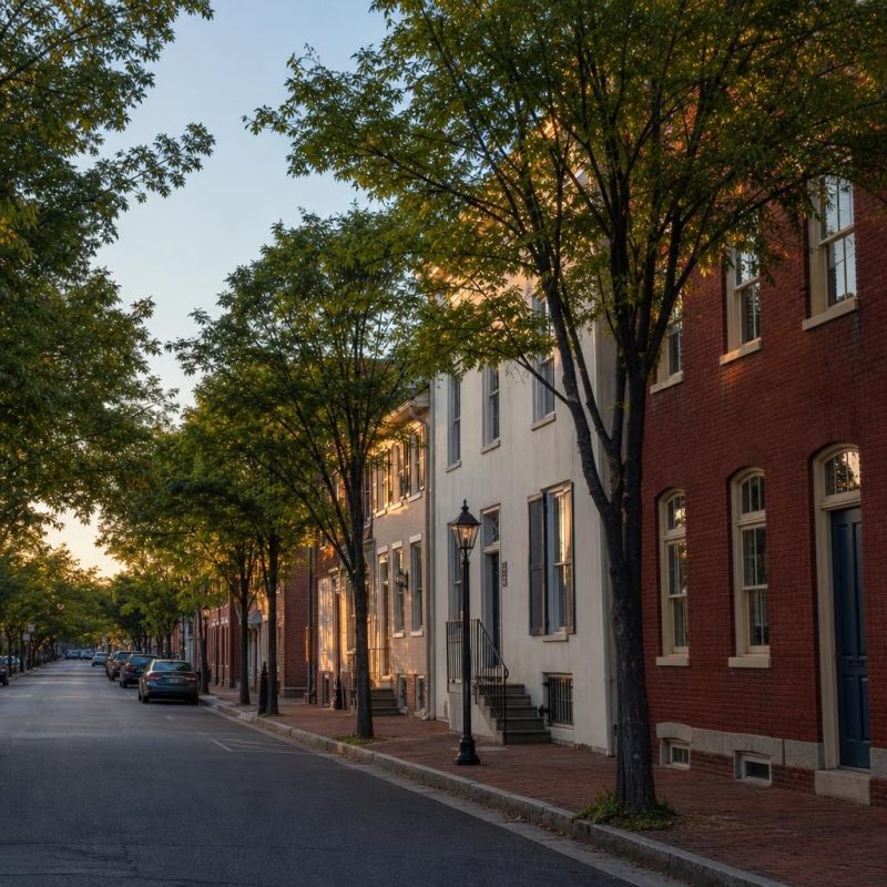 Tree-lined Leesburg street with brick sidewalks and low-rise historic masonry buildings.