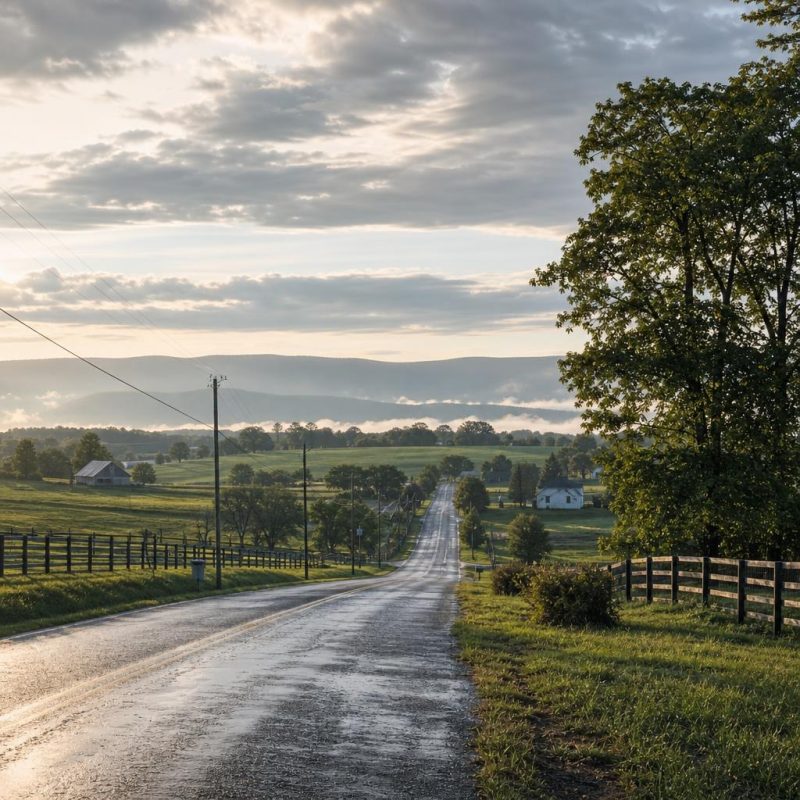 Ordinary Loudoun roadside with rolling fields, mature trees, and distant Blue Ridge terrain.
