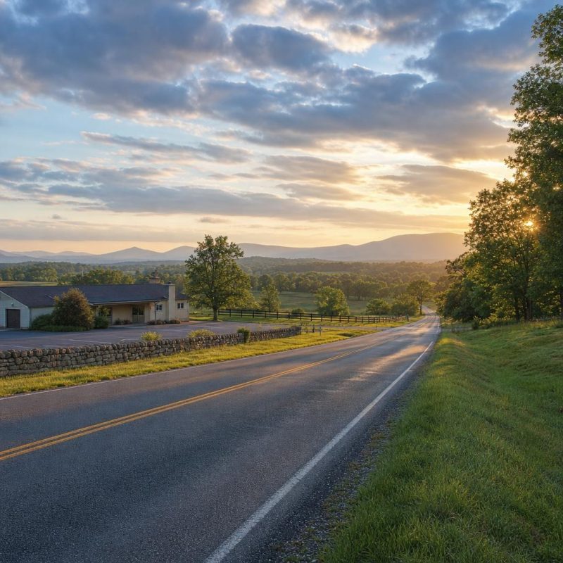 Unbranded roadside service building beside rolling Loudoun County terrain and a distant low ridgeline.