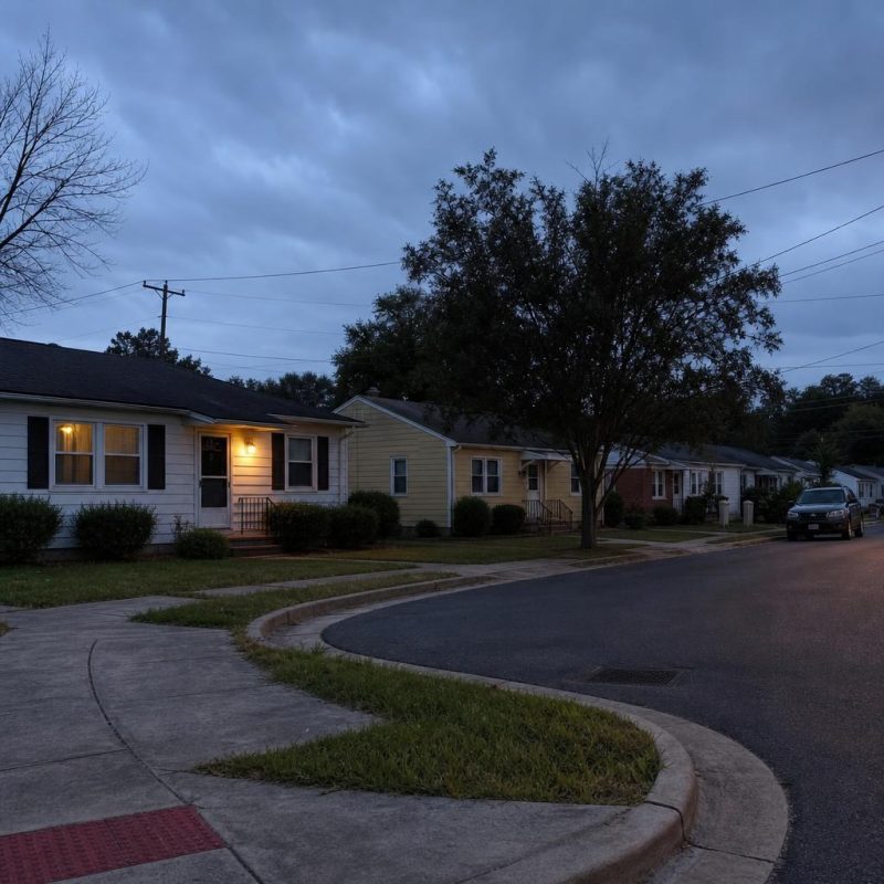 Ordinary postwar residential street in compact Manassas Park, Virginia, without readable signs or logos.