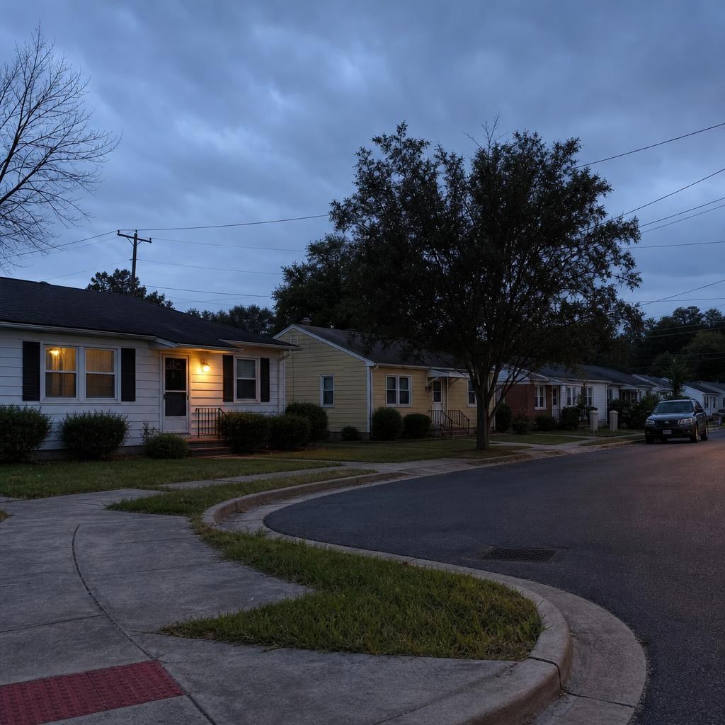 Ordinary postwar residential street in compact Manassas Park, Virginia, without readable signs or logos.