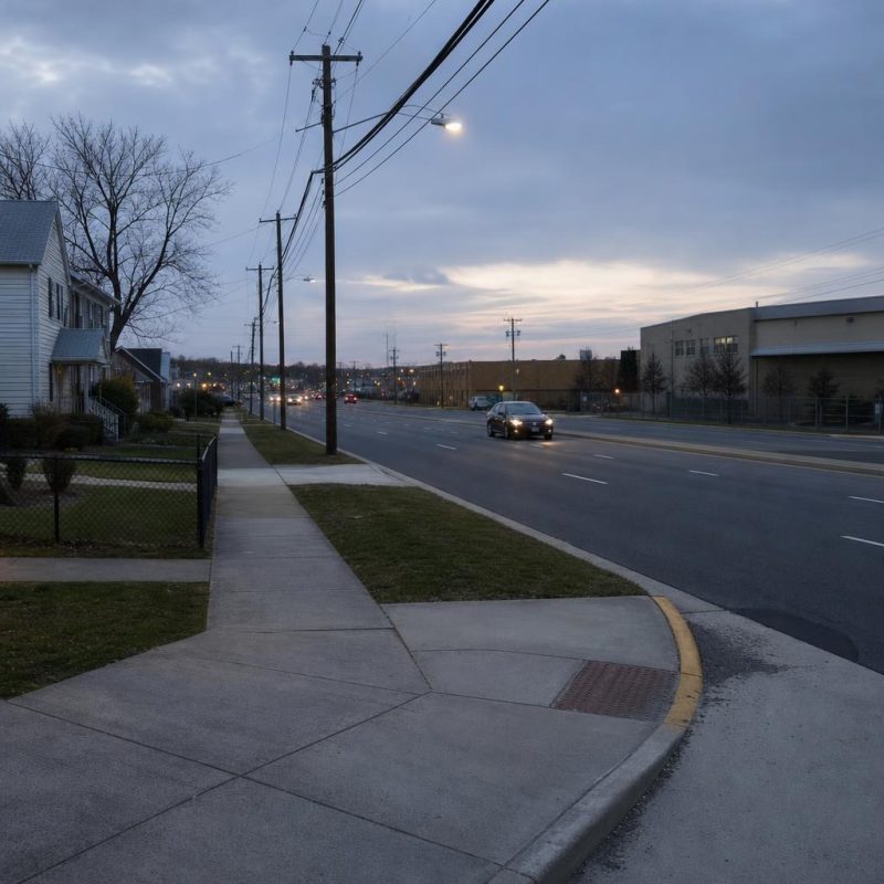 Ordinary Manassas Park arterial with sidewalks and mixed low-rise development.