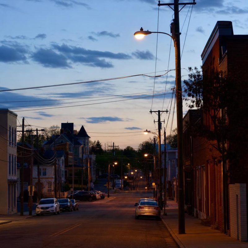 Manassas street with mixed commercial and residential buildings near the historic railroad-centered city core.