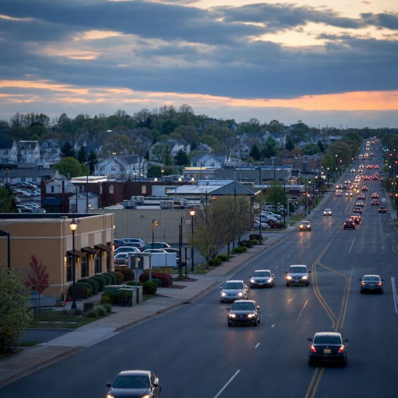 Ordinary commercial corridor in Manassas, Virginia, with low-rise buildings and nearby established neighborhoods.