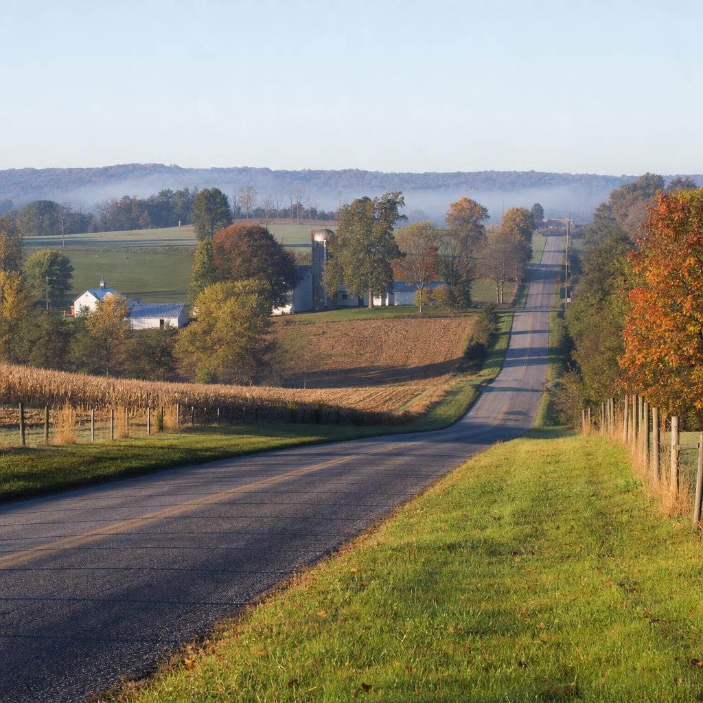 Rolling rural road beside open farmland in Montgomery County, Maryland.