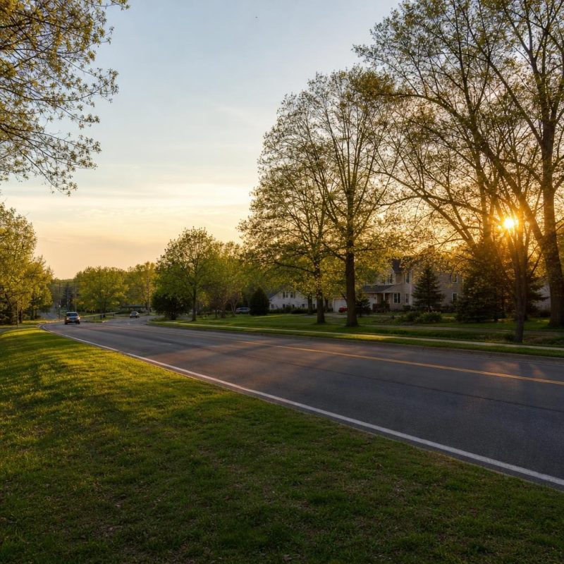Flat Oakton suburban road beside mature hardwoods, grassy verge, and detached homes screened by trees.