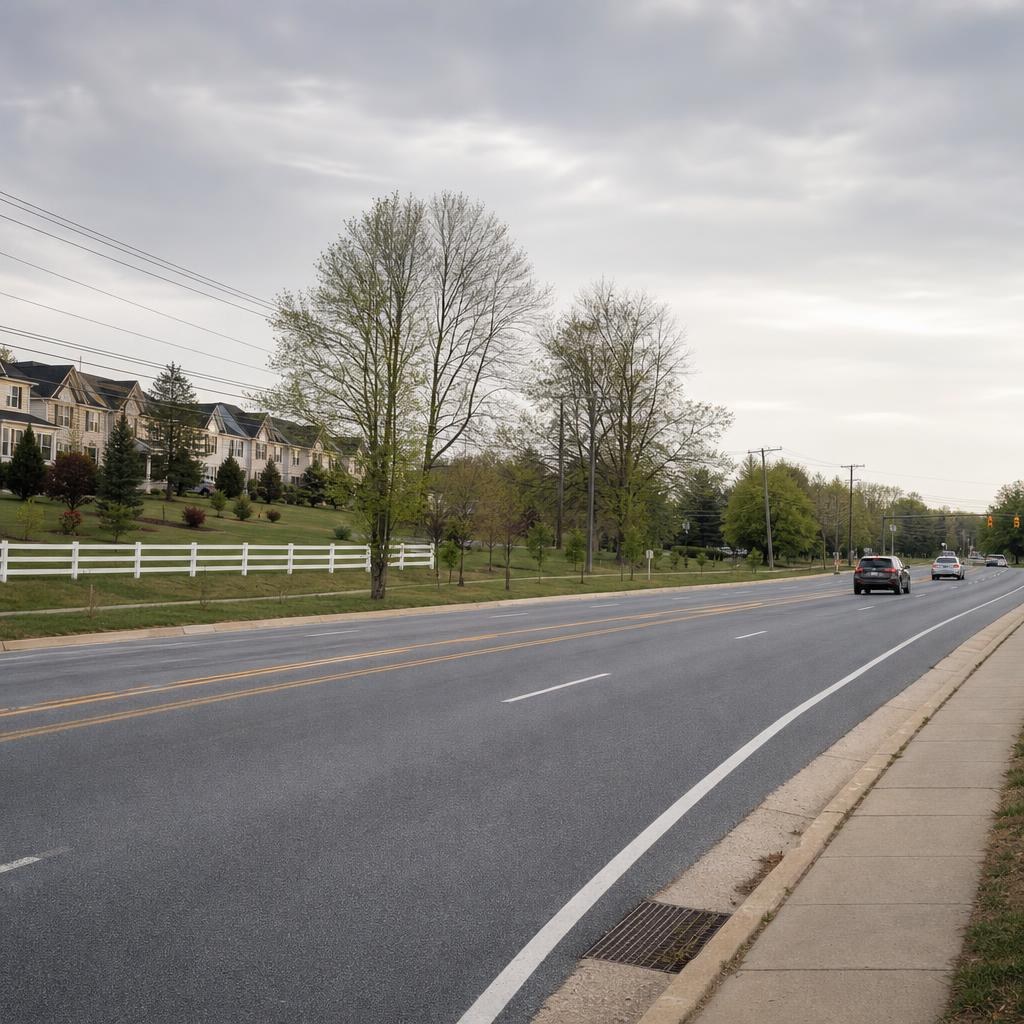 Quiet Olney, Maryland roadside with mature trees, grassy setbacks, and low-density suburban homes.