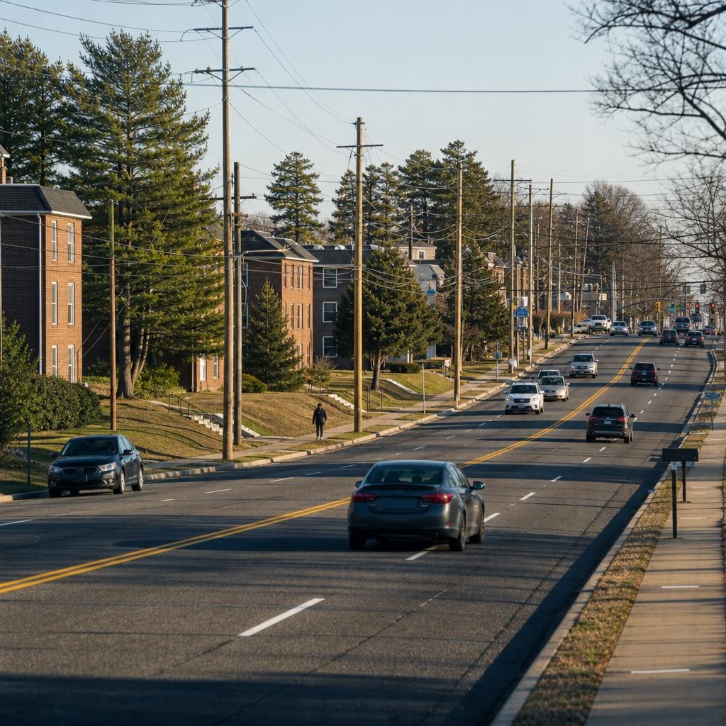 Ordinary suburban Oxon Hill roadside with low-rise homes and apartment buildings near a broad arterial.