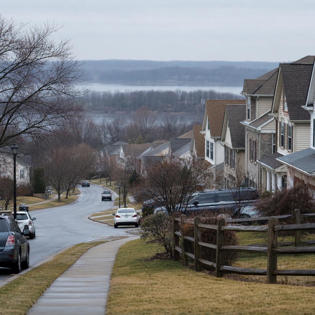Ordinary Potomac Falls suburban street with homes, paved trail, and open park-edge space.